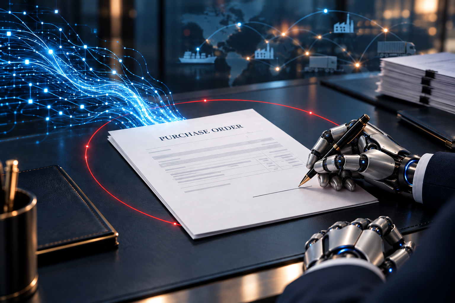 Who Signed That Purchase Order? — Series #012 cover image: a robotic hand signing a purchase order